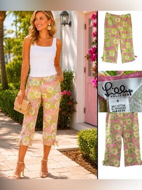 VTG  Lilly Pulitzer. "Croc Monsieur" capri pants, Multi Color Cotton 4 preppy
